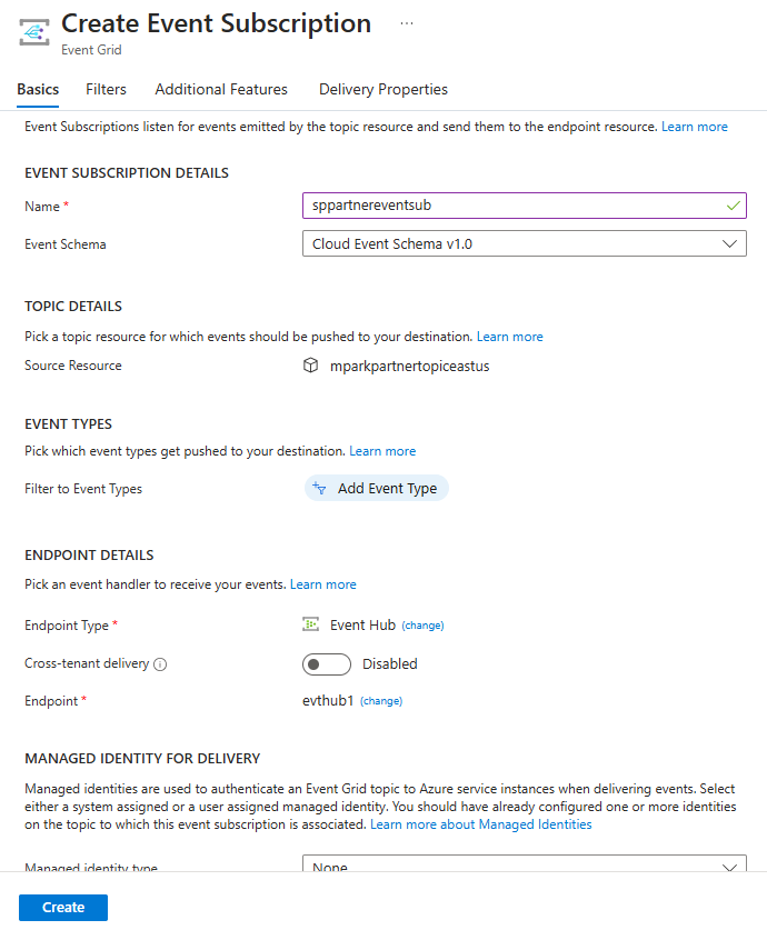 Screenshot of the Create Event Subscription page with example configurations.