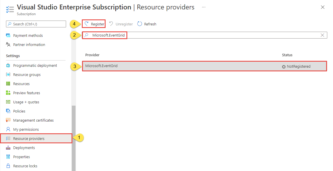 Screenshot of the registration of Microsoft.EventGrid provider with the Azure subscription.