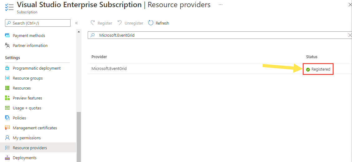 Screenshot of the successful registration of Microsoft.EventGrid provider with the Azure subscription.