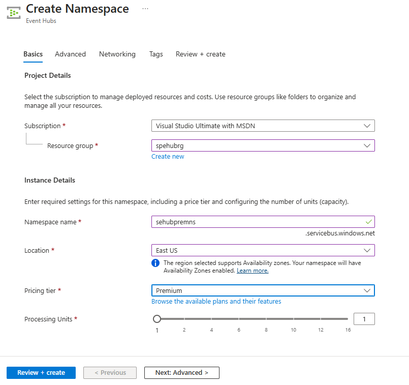 Screenshot that shows the processing units setting on the Create namespace page.