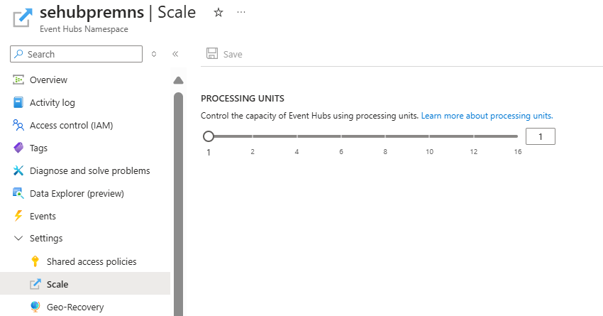 Screenshot that shows the Scale page of an existing premium namespace with the processing units configured.