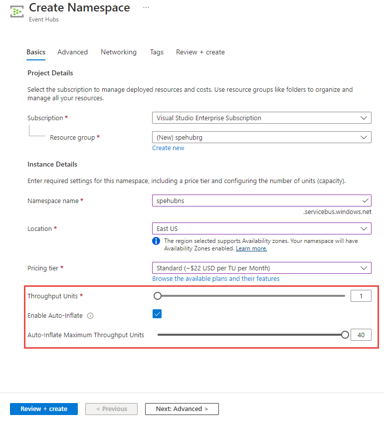 Screenshot of enabling Auto inflate at the time event hub creation for a standard tier namespace.
