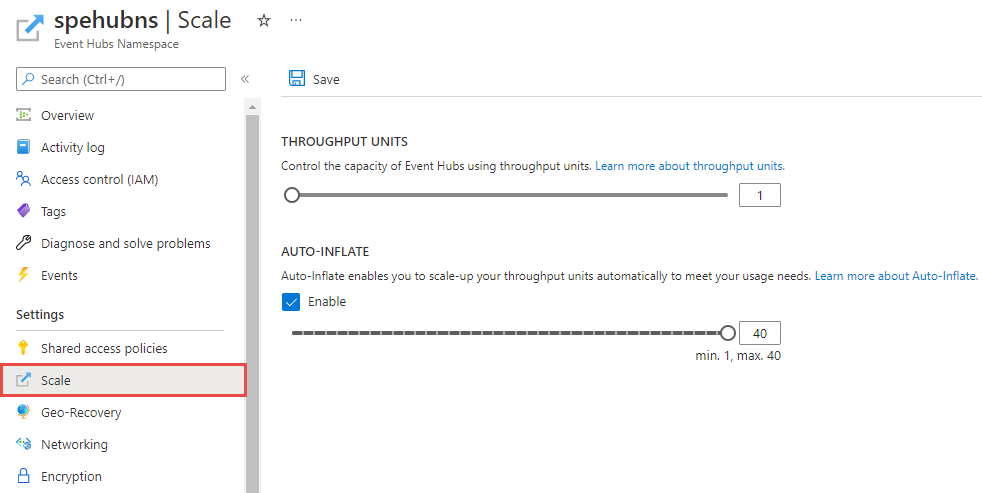 Screenshot of enabling Auto inflate for an existing standard namespace.