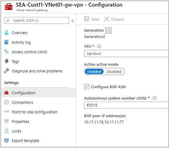 Screenshot of the VPN gateway configuration.