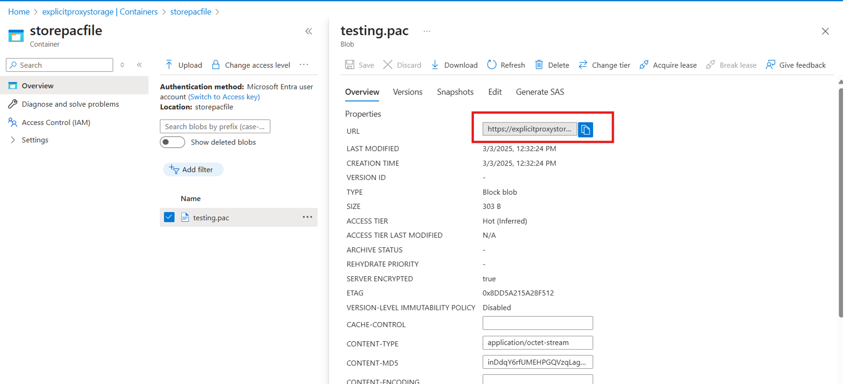 Screenshot showing copied PAC file URL.