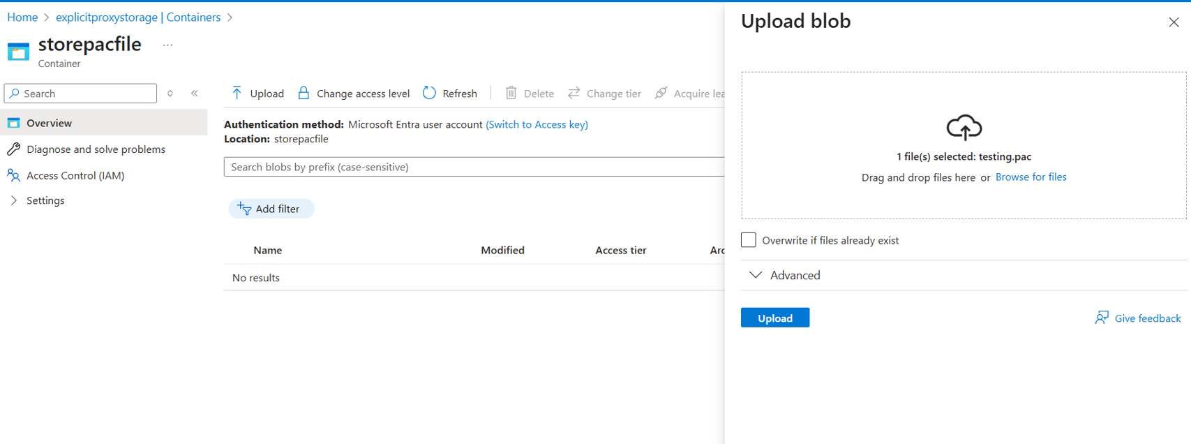 Screenshot showing PAC file upload.