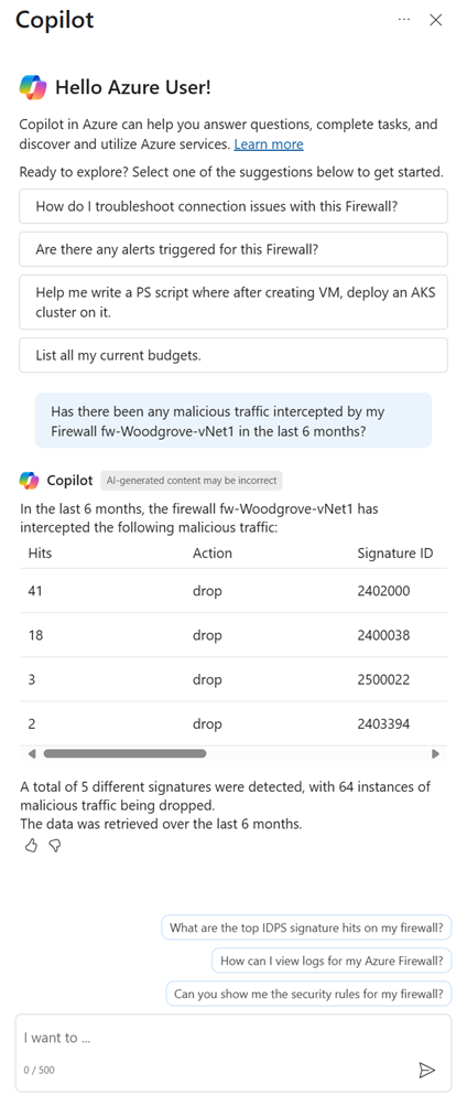 Screenshot displaying the capability to retrieve the top IDPS signature hits for an Azure Firewall.