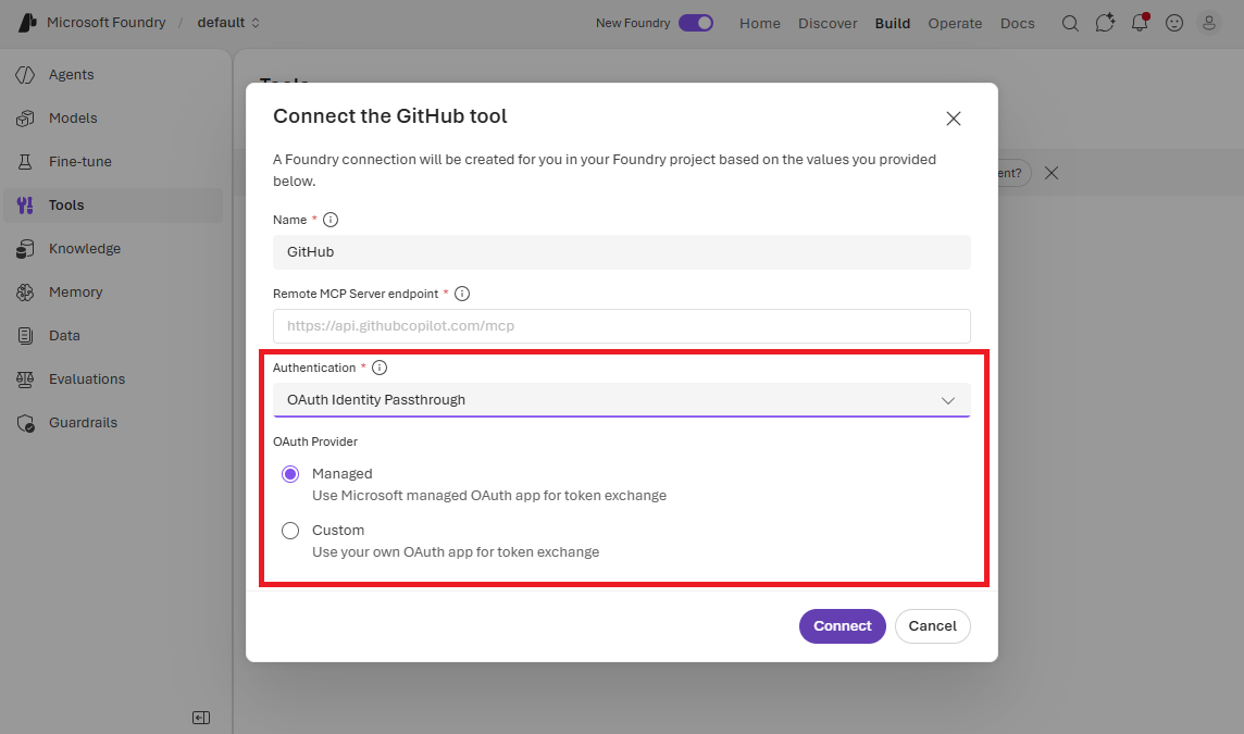 Screenshot of how to configure an MCP server with an on-behalf-of workflow.