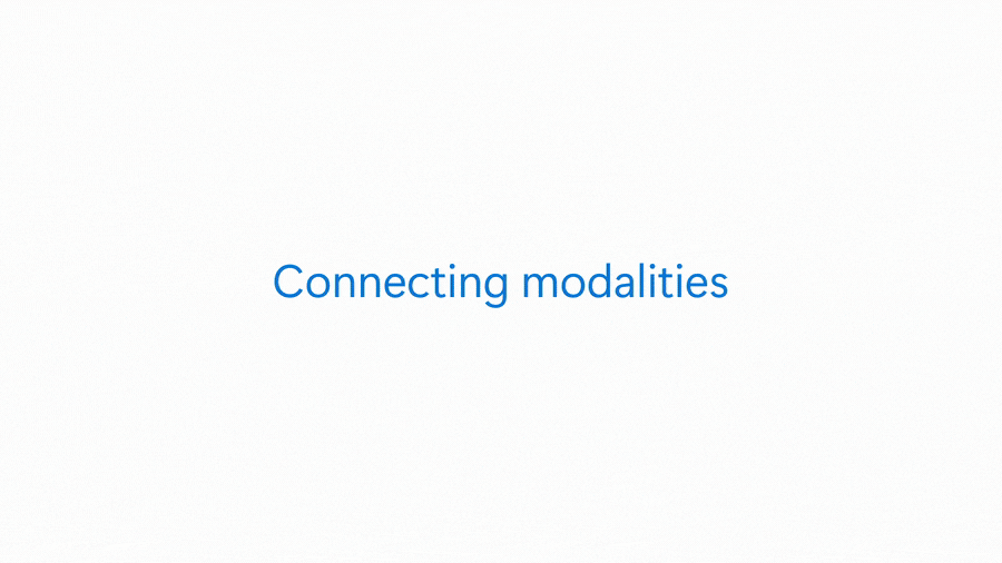 Animation showing healthcare AI models connecting different data modalities including imaging, genomics, and clinical records for discovery, development, and delivery.