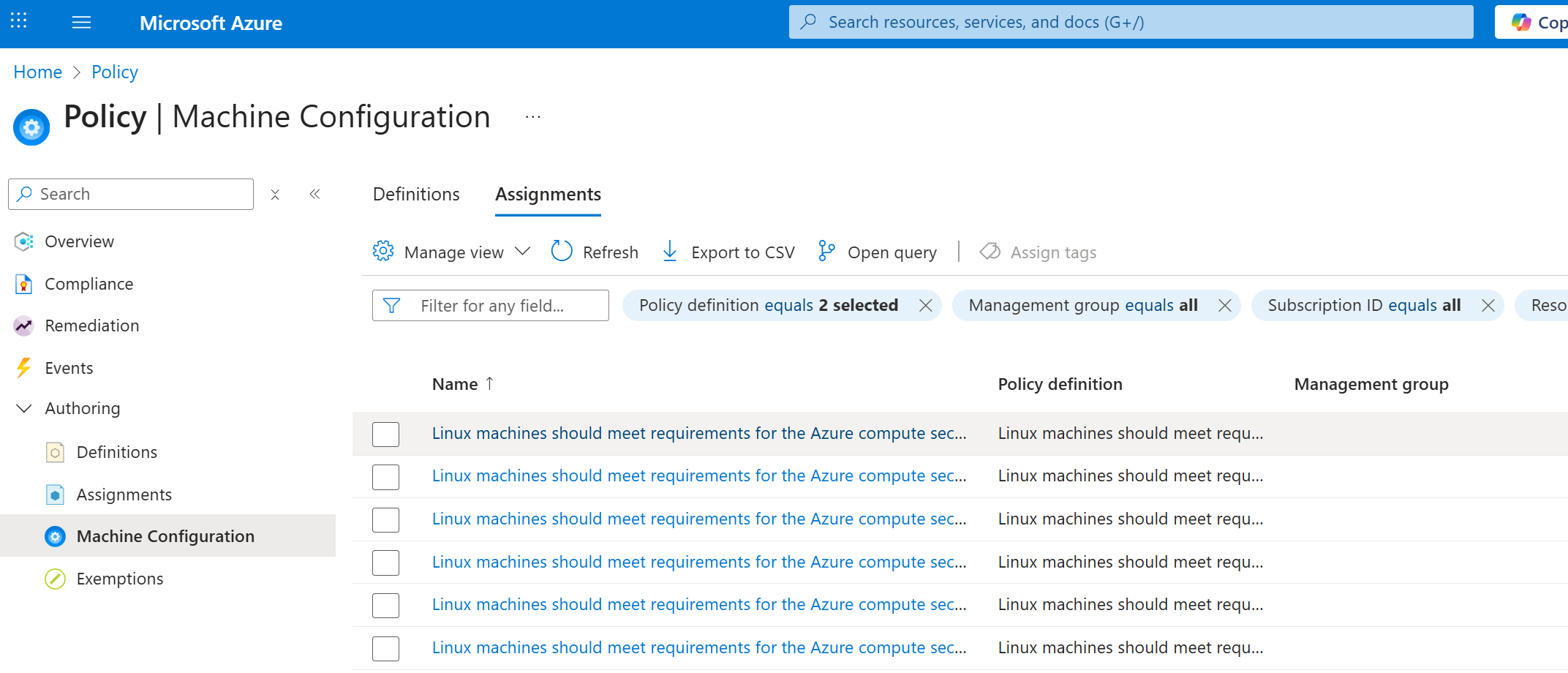 Screenshot of policy assignments view showing deployed baseline policies.
