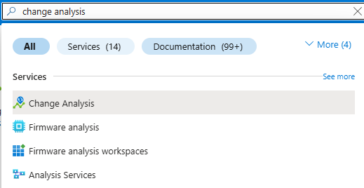 Screenshot of searching for Change Analysis in the Azure portal.