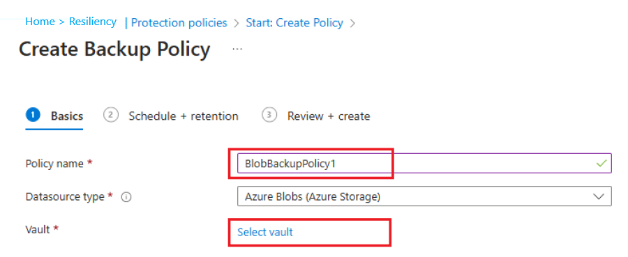 Screenshot shows how to add vaulted blob backup policy name.