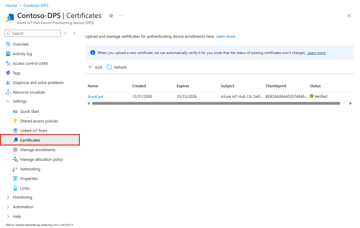 Screenshot that shows the Certificates page in the Azure portal.