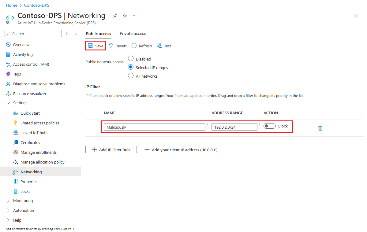 Screenshot that shows how to define and save an IP filter rule for an IoT DPS instance in the Azure portal.