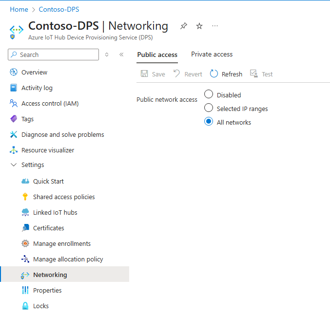 Screenshot that shows the IoT DPS default IP filter settings in the Azure portal.