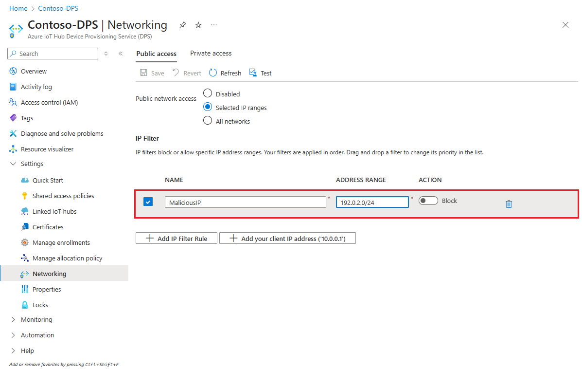 Screenshot that shows how to edit an IP filter rule for an IoT DPS instance in the Azure portal.