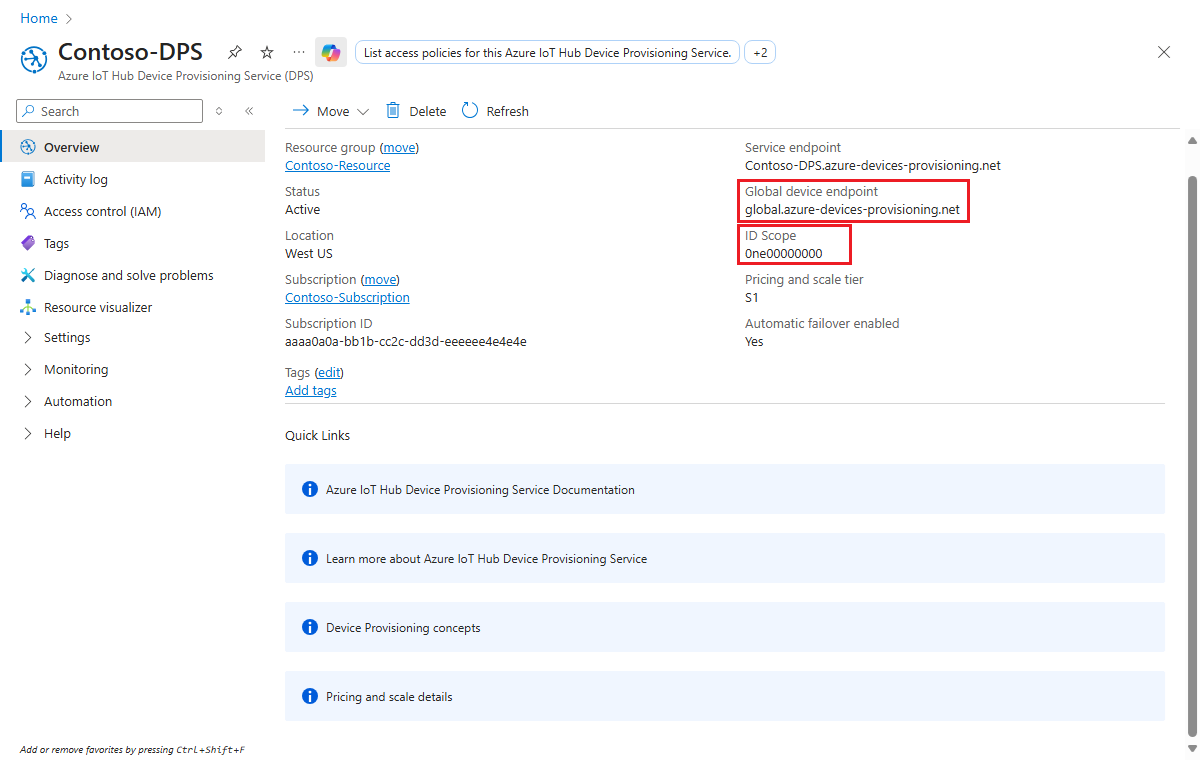 Screenshot that shows the overview of the Device Provisioning Service instance, highlighting the global device endpoint and ID Scope values for the instance.