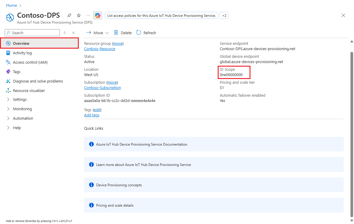 Screenshot that shows the overview of the Device Provisioning Service instance, highlighting the ID Scope value for the instance.