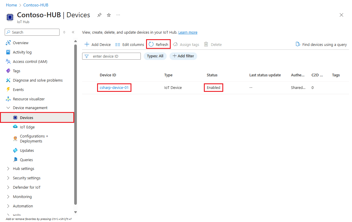 Screenshot showing that the device is registered with the IoT hub and enabled for the C# example.