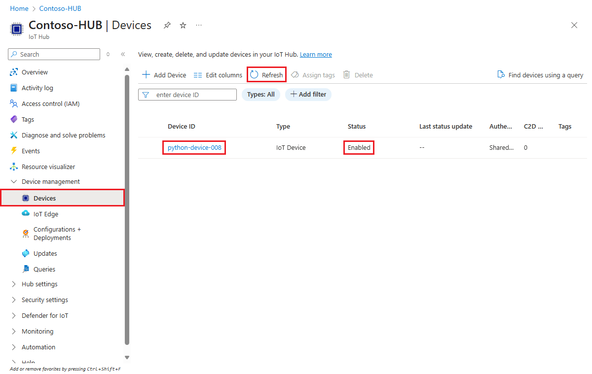 Screenshot showing that the device is registered with the IoT hub and enabled for the Python example.