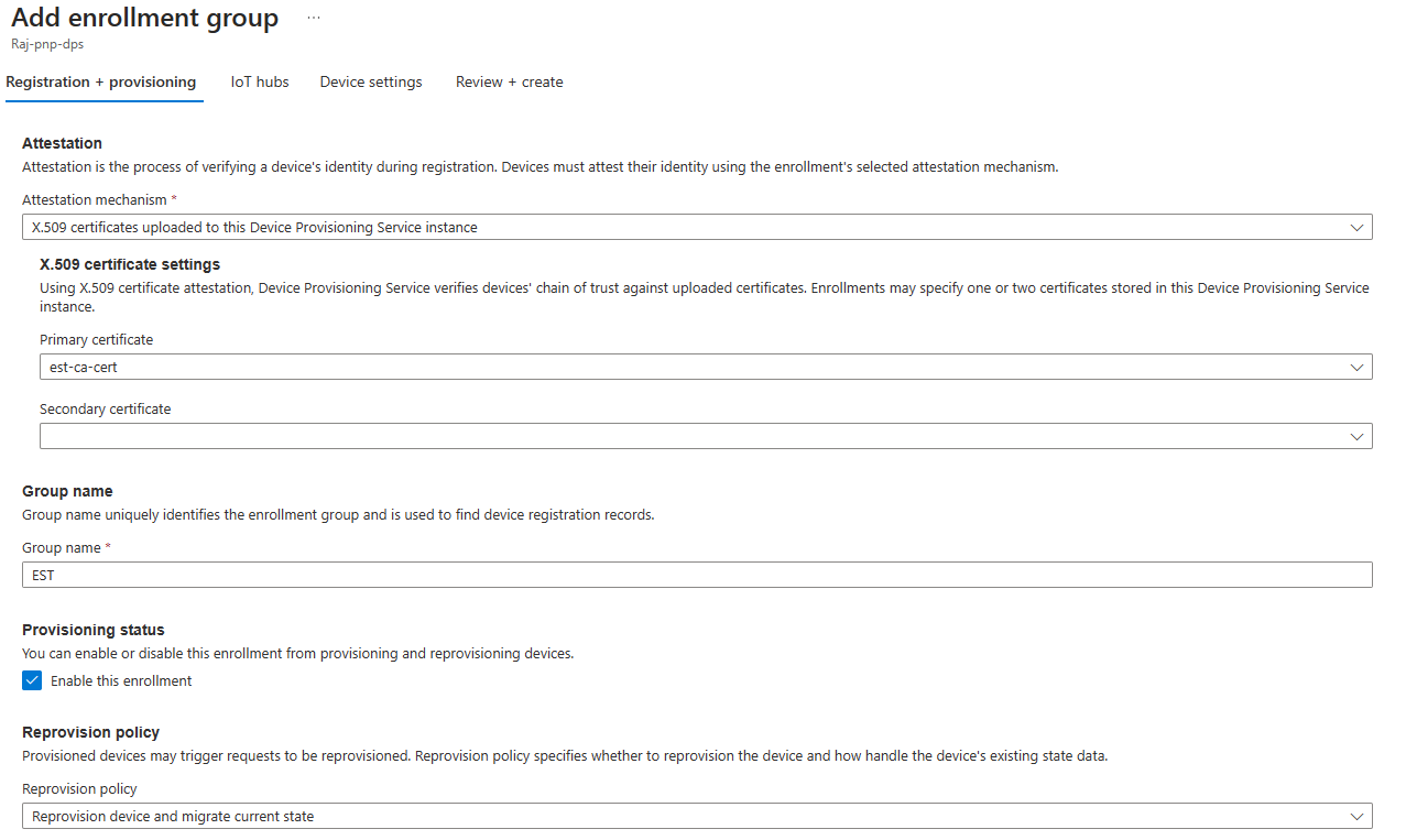 Screenshot showing adding DPS enrollment group using the Azure portal.