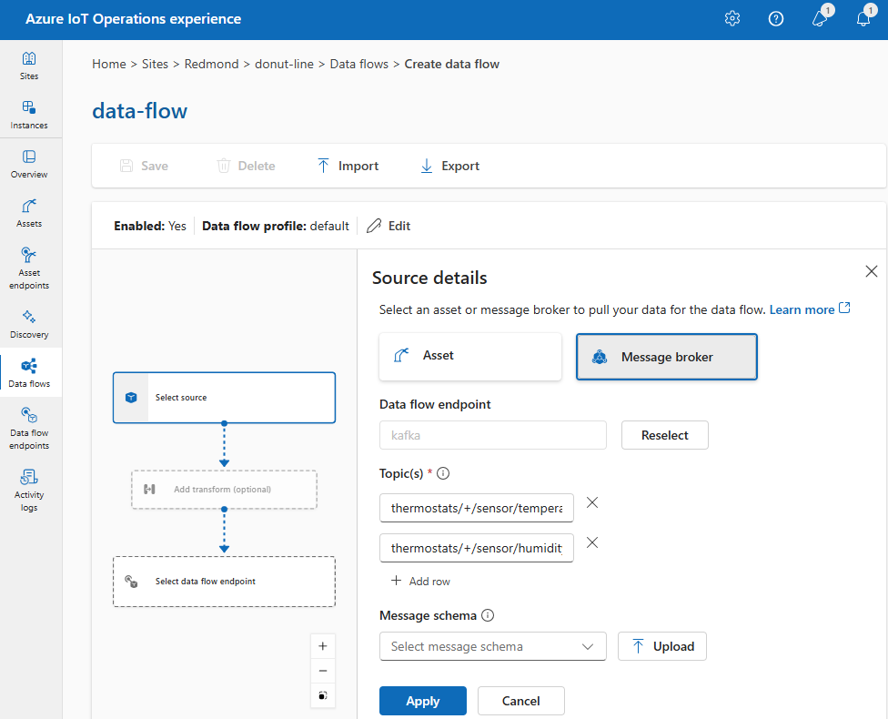 Screenshot using operations experience to select a custom message broker as the source endpoint.