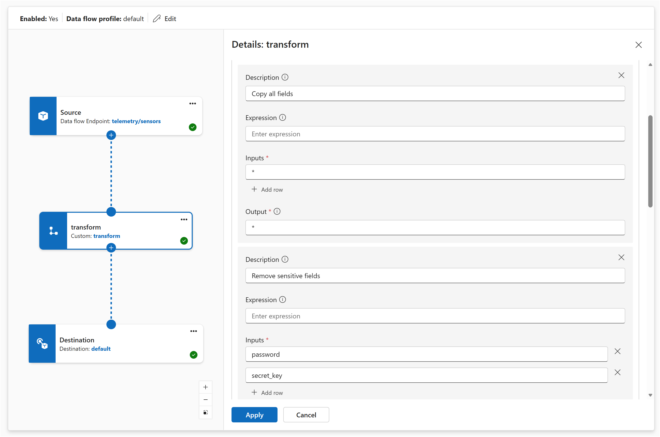 Screenshot of the operations experience map transform configuration panel showing multiple rules for wildcard, remove, restructure, compute, and merge.