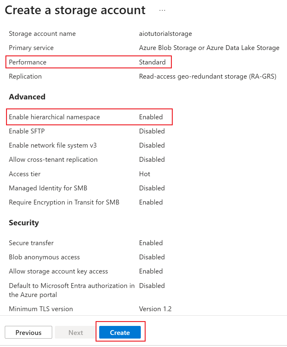 Screenshot showing the review page for creating the storage account with hierarchical namespace enabled.