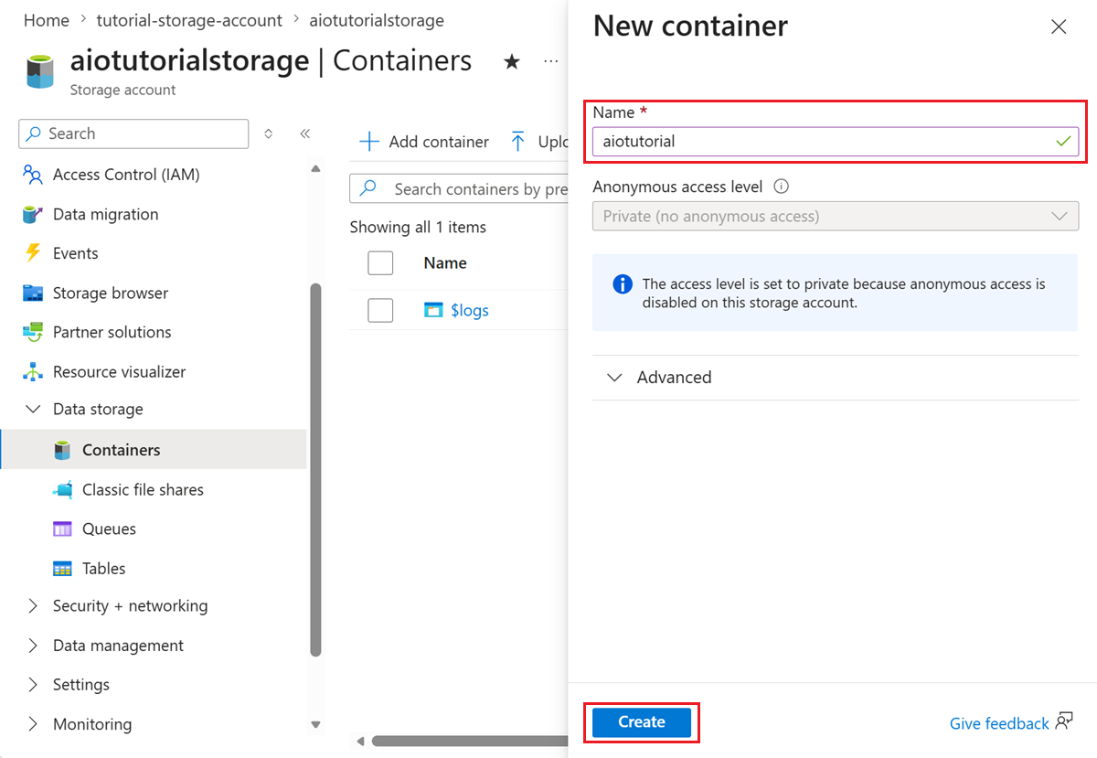 Screenshot showing how to create a storage container in Azure portal.