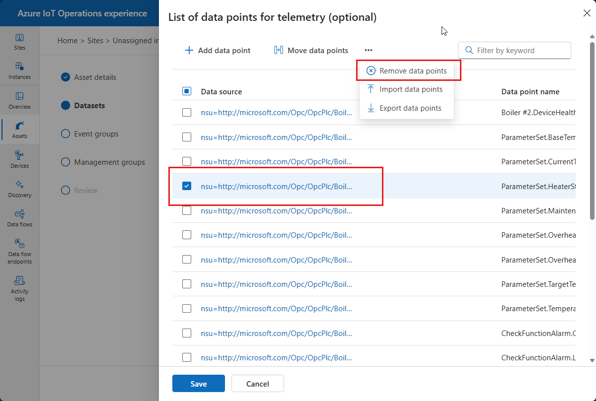 Screenshot of the Create asset page in the operations experience showing the data points and events selection for an imported asset.