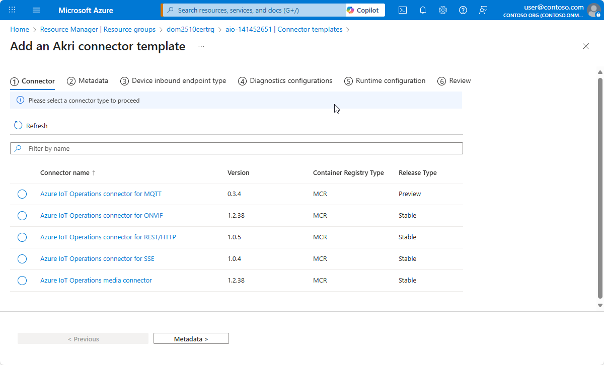 Screenshot of the Azure portal that shows how to select the connector template instance type.