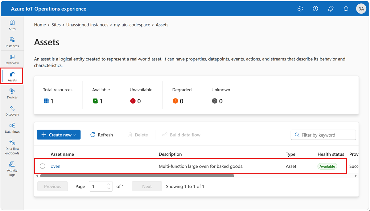 Screenshot in the operations experience that shows a list of assets.