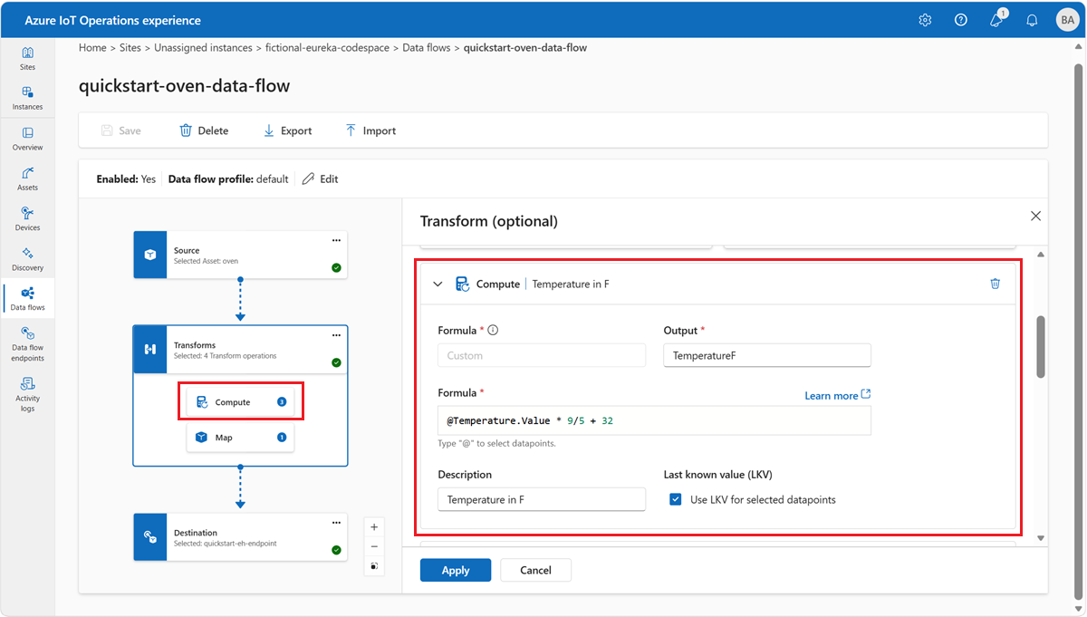 Screenshot in the operations experience that shows the temperature conversion calculation.