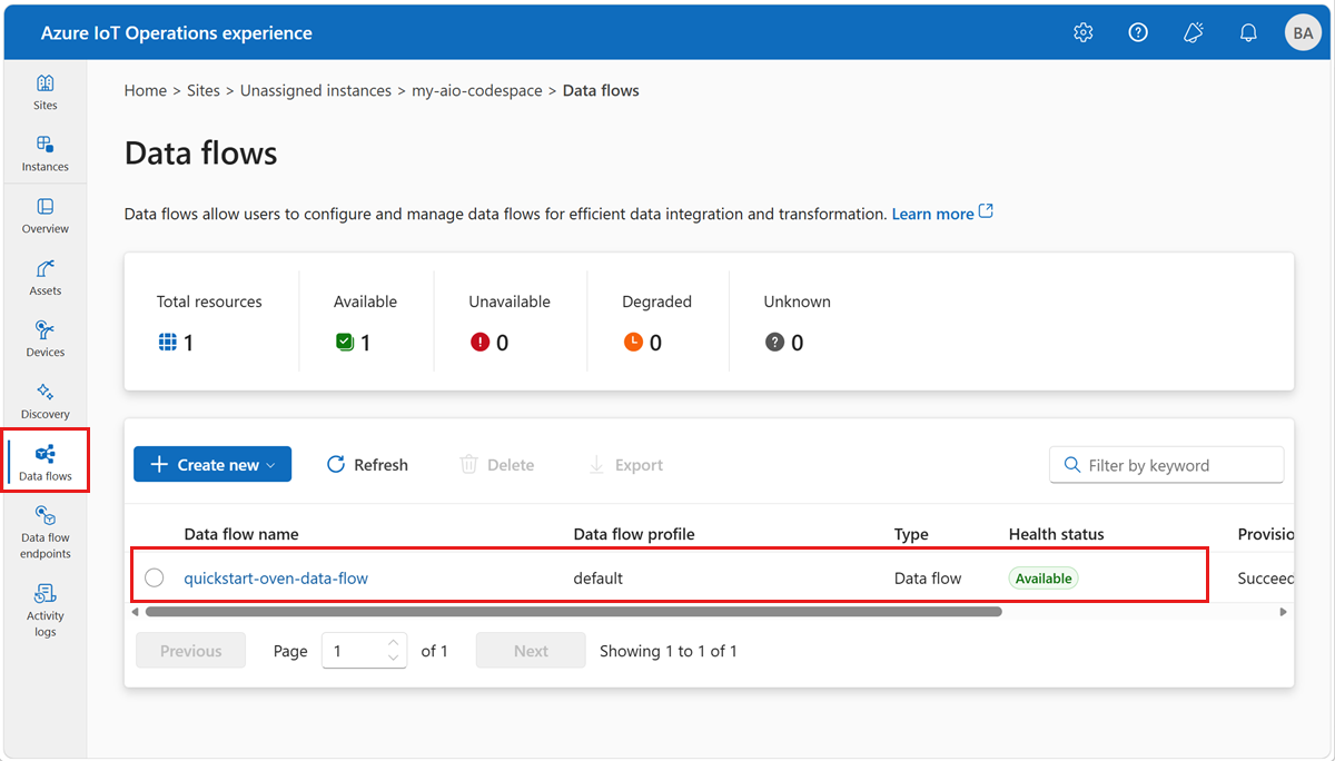 Screenshot in the operations experience that shows a list of data flows.
