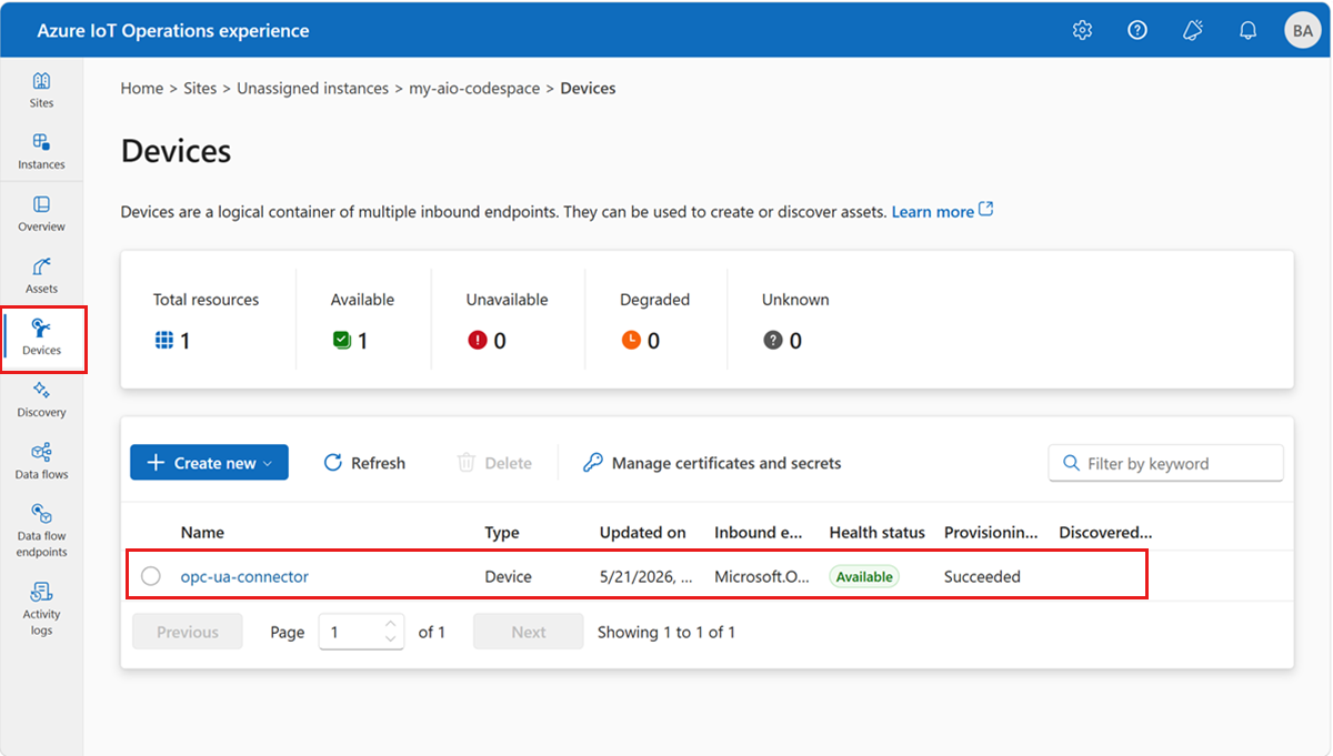 Screenshot in the operations experience that shows a list of devices.