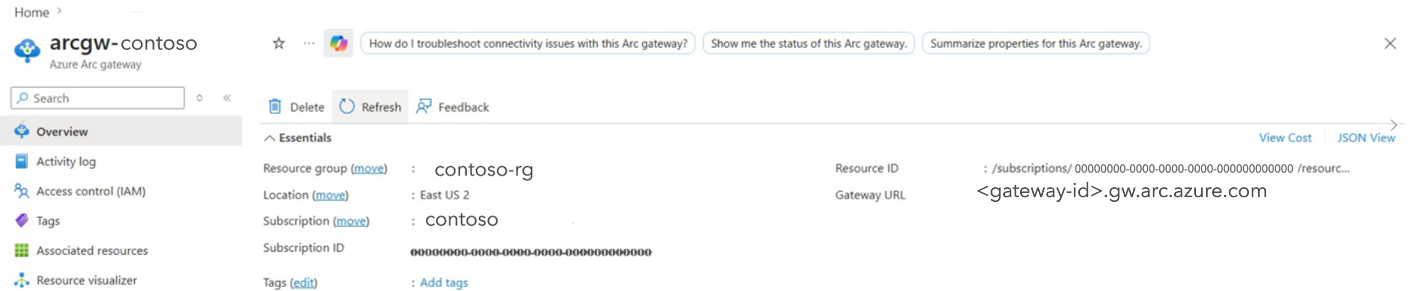 Screenshot of the Azure portal showing an Arc Gateway resource with its Gateway URL and resource properties.