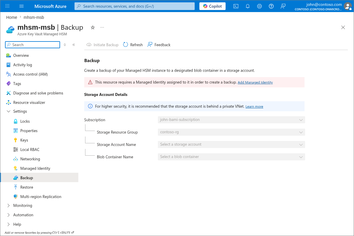 Screenshot of the Managed HSM Backup blade in the Azure portal.