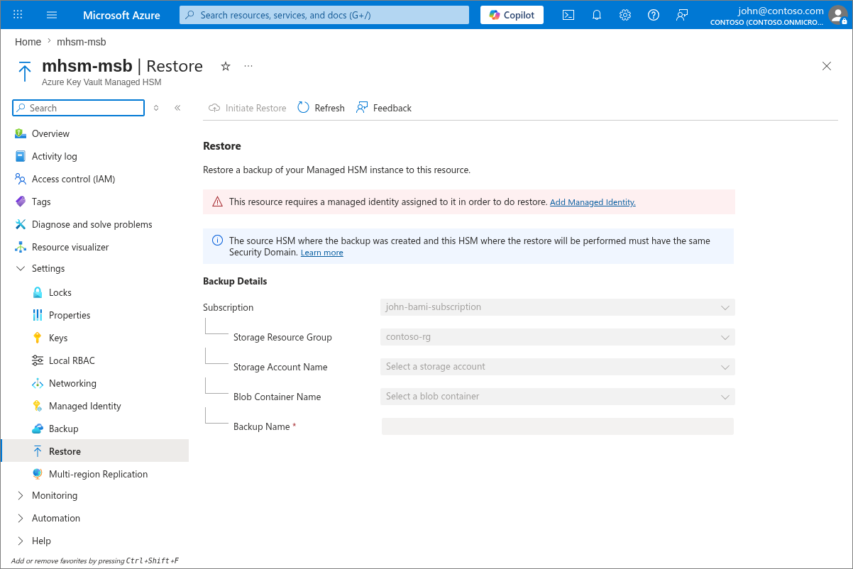 Screenshot of the Managed HSM Restore blade in the Azure portal.