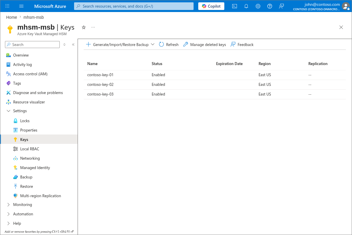 Screenshot of the Keys blade in the Azure portal for a Managed HSM.