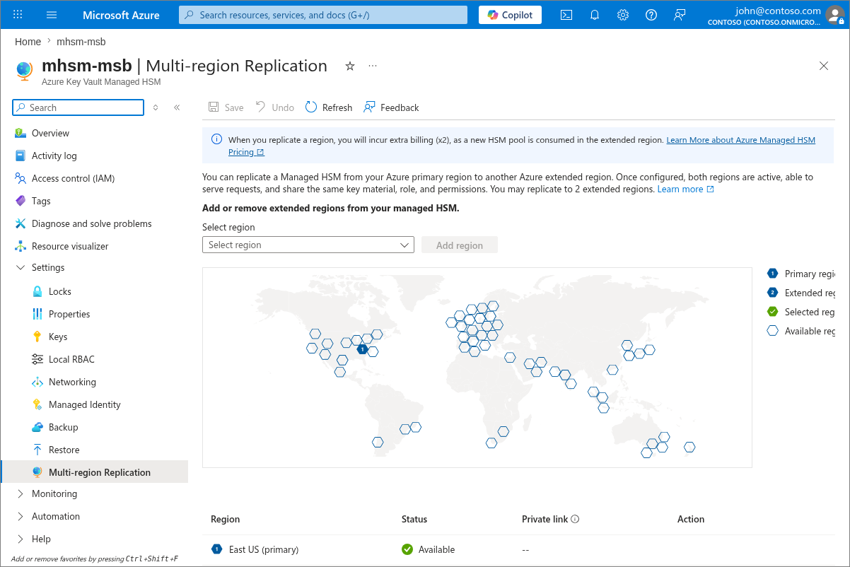 Screenshot of the Multi-Region Replication blade in the Azure portal showing the region map and Add Region option.