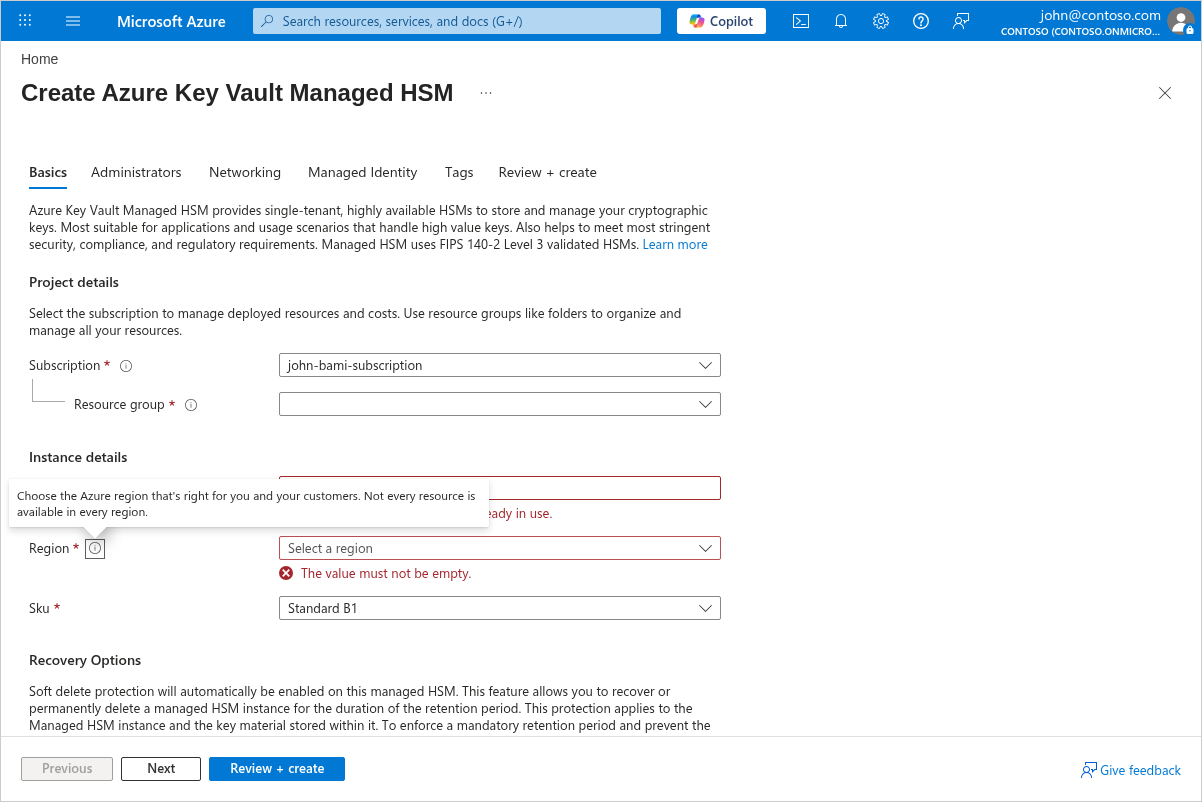 Screenshot of the Create Azure Key Vault Managed HSM Basics tab in the Azure portal.