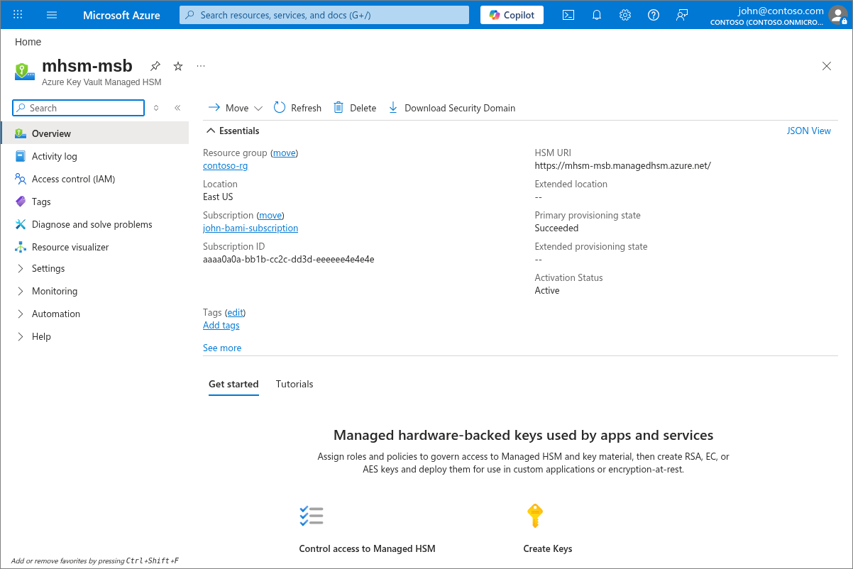 Screenshot of the Managed HSM Overview page in the Azure portal.