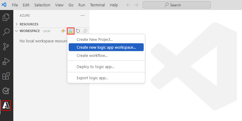 Screenshot shows Visual Studio Code, Azure icon selected on left menu, Workspace section, and selected option for Create new logic app workspace.