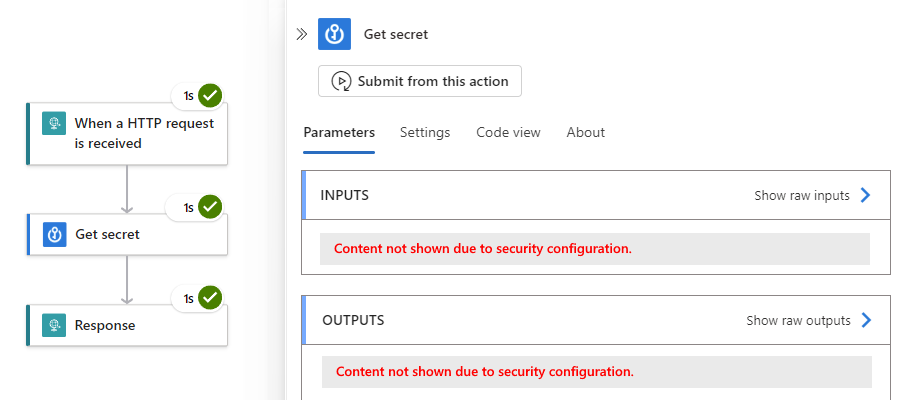 Screenshot shows hidden inputs and outputs in workflow run history after you enable secure inputs and outputs.