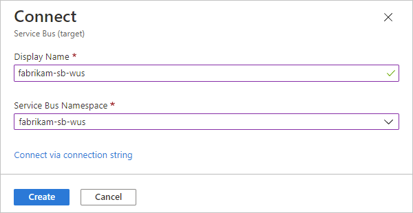 Screenshot shows Connect pane with the specified connection display name and the Service Bus Namespace name.