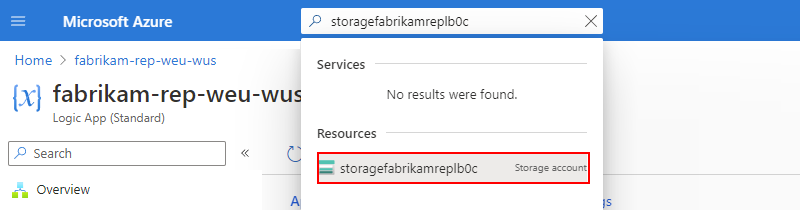 Screenshot shows the Azure portal search box with the storage account name entered.