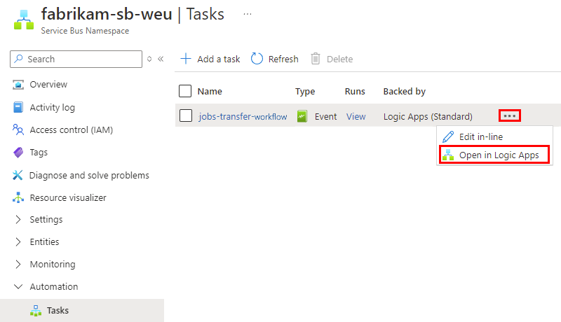 Screenshot shows the opened context menu and the selected option, Open in Logic Apps.