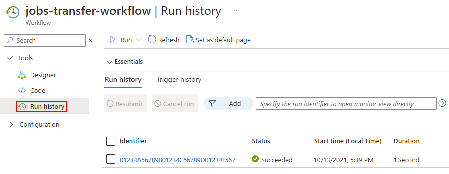Screenshot shows a task's runs, their statuses, and other information.