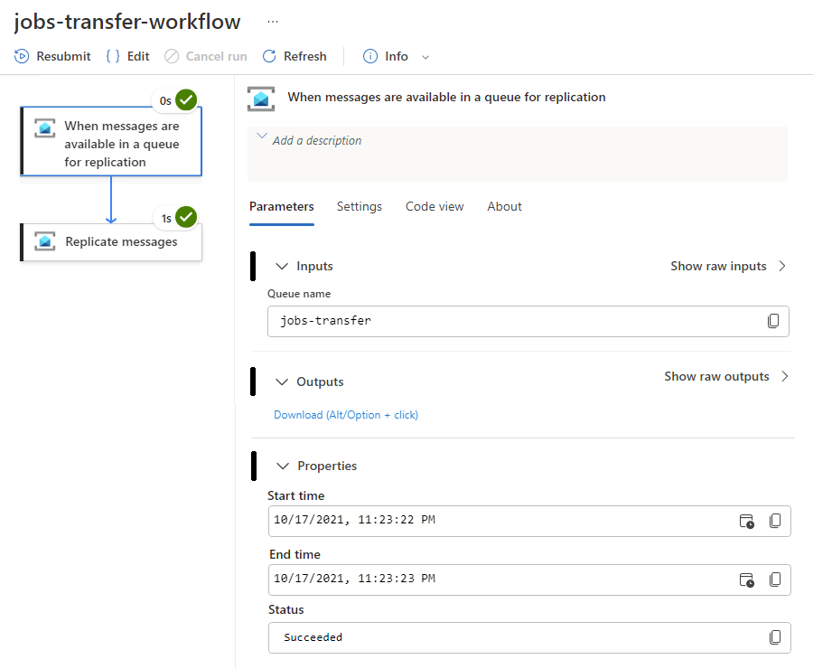 Screenshot shows the trigger inputs, outputs, and properties.