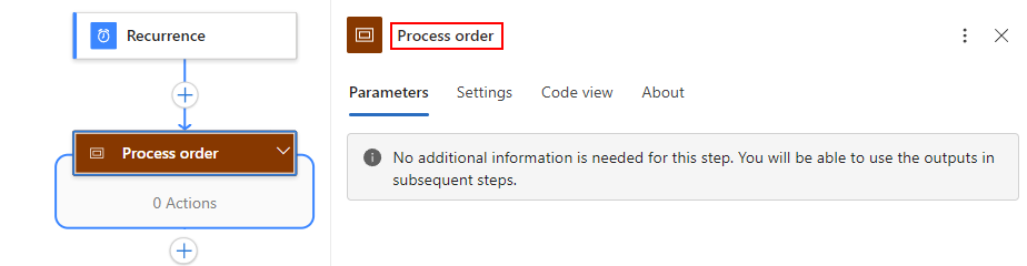 Screenshot shows the scope action renamed as Process order.